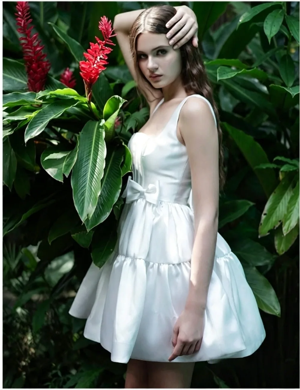 Customized Sweet Square Neck Satin Bridal Gown Large Bow Tiered A Line Mini Skirt Sleeveless Fit for Pre Wedding Young Brides