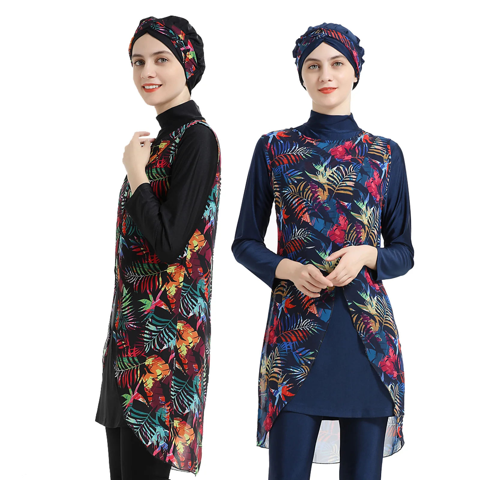 3Pcs Muslim Burkini Tropical Leaf Print Full Coverage Islamic Bathing Suit Long Sleeve Swimwear With Hijab Leggings Chiffon Vest
