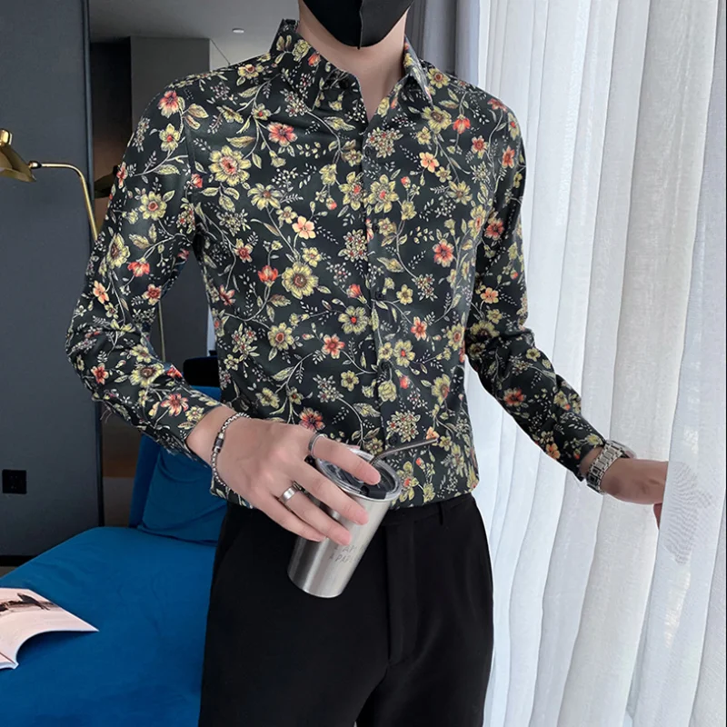 

Spring and Autumn Print Fashion Long Sleeve Men's Shirt Slim Lapel Single Breasted South Korea Youth Popular Everyday Men's Wear