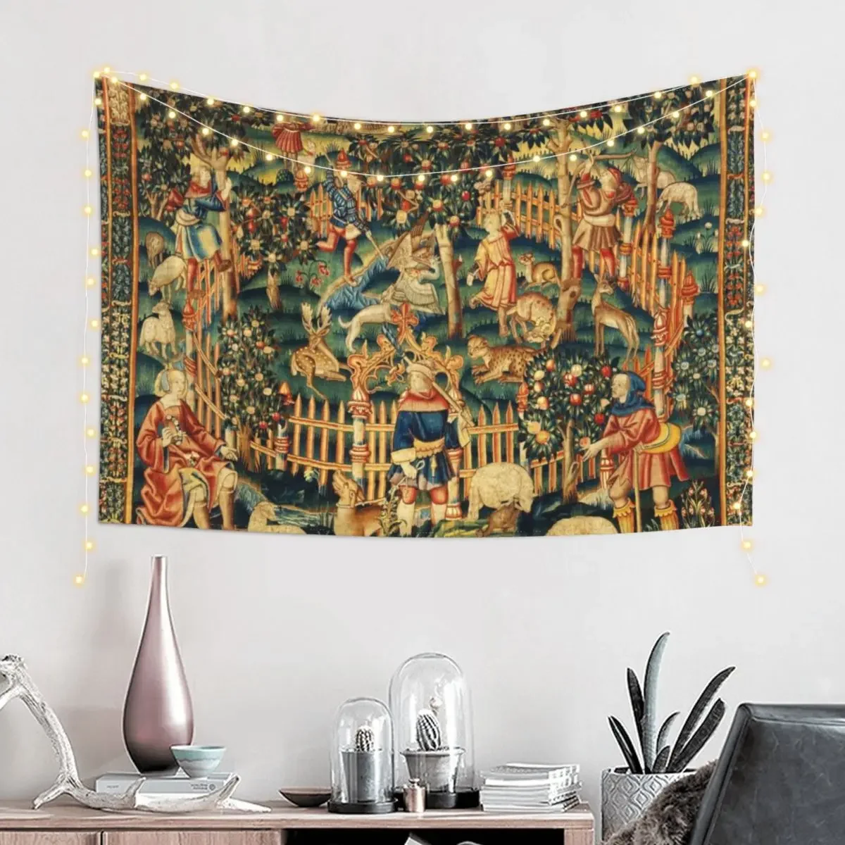 MEDIEVAL HUNTING OF BIRDS WITH HAWK AND A BOW, DOGS ,ANIMALS Antique Tapestry Wall Decor Hanging Home Decor Accessories Tapestry