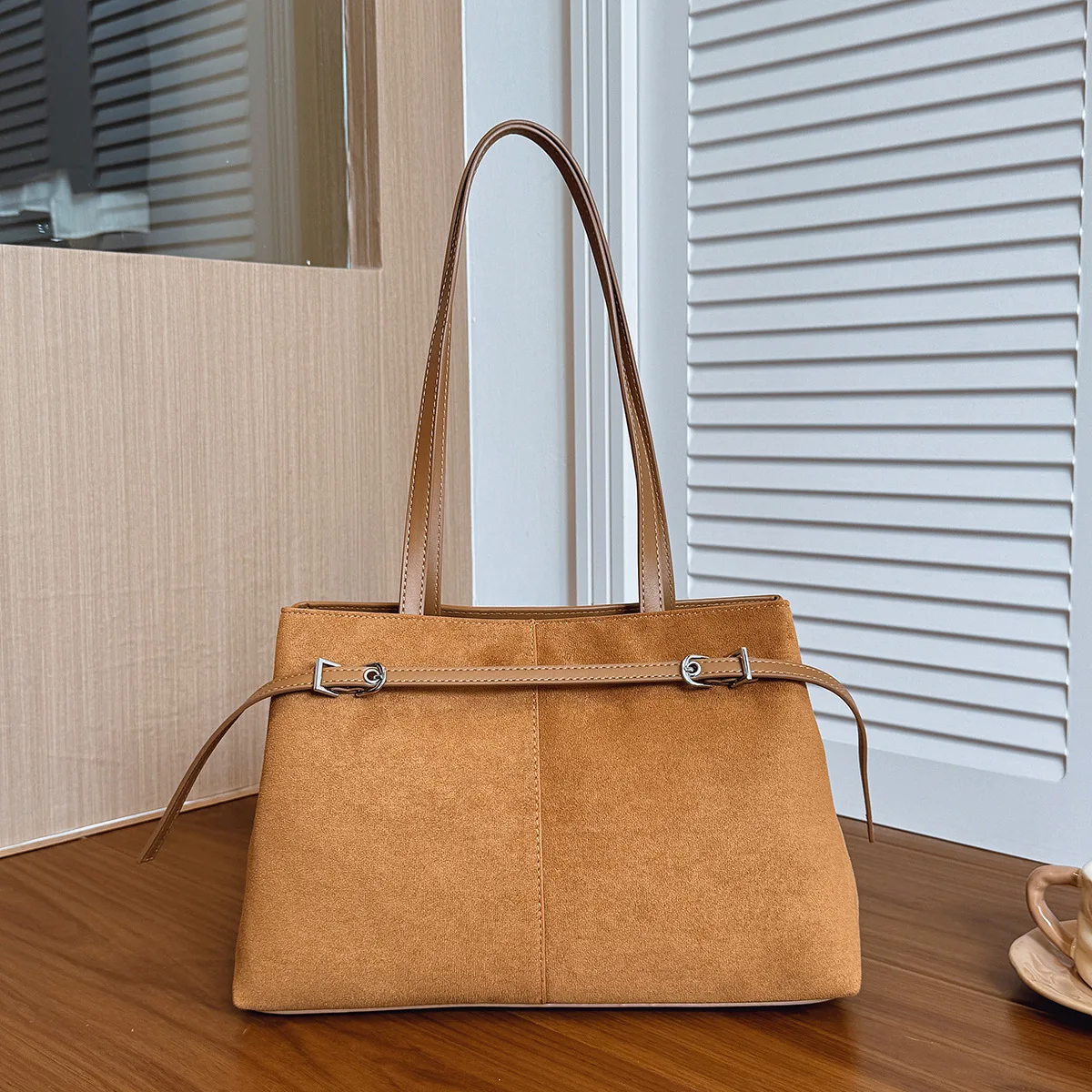 Women Matte Tote Bag Large Capacity Shoulder Bag Belt Decor Daily Office Commuter Handbag Casual Shopper Bag