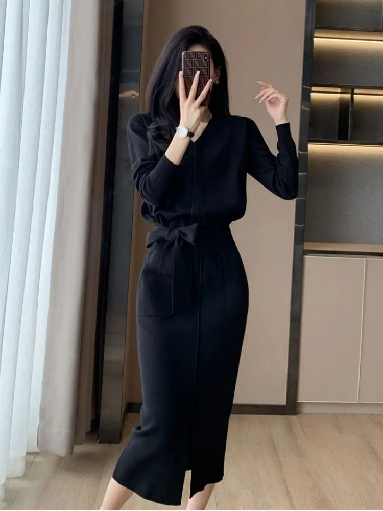 

Light Luxury High-End Workplace OL Tie Up Knitted Sweater Two-Piece Set New Autumn Winter Sexy Split Skirt 2 Piece Outfits