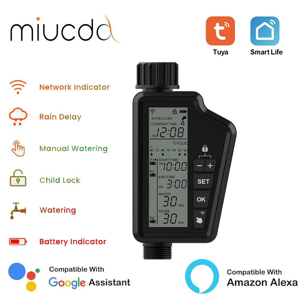 MIUCDA Tuya WIFI Smart Irrigation Water Valve Timer,Multifunctional,Smart Garden Watering Timer Compatible & Alexa Google Home