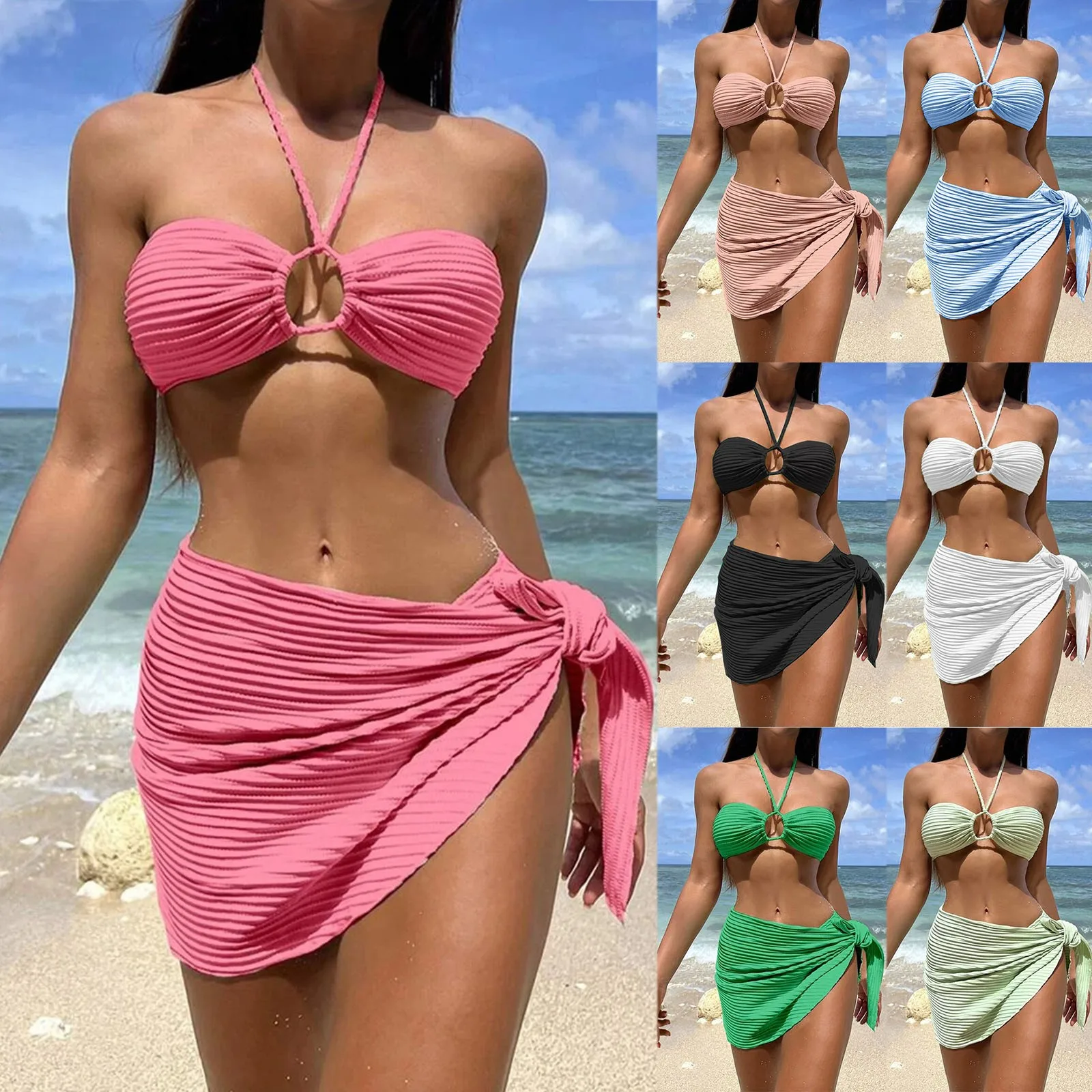 Solide niedrige Taille Bikini Set vertuschen Badeanzug für Frauen Push-up-BH dreiteilige Bade bekleidung 2024 neue Strand Badeanzüge