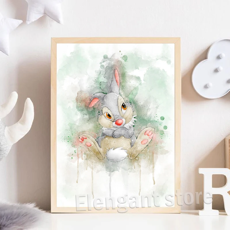 Bambi Watercolor Art Prints Cartoon Poster Bambi With Friends Thumper Rabbit Canvas Painting Kids Room Wall Pictures Decor