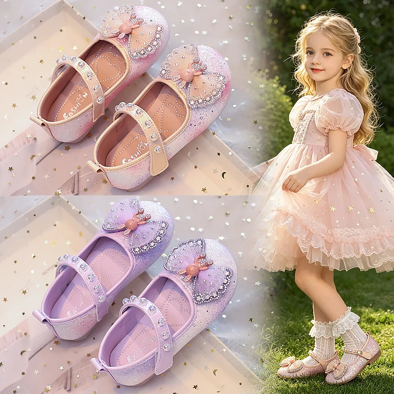Girls Mary Jane Princess Flats, Toddler Glitter Sequins Dress Shoes Rhinestone Bow, Crystal Party Wedding Shoes Pink/Purple
