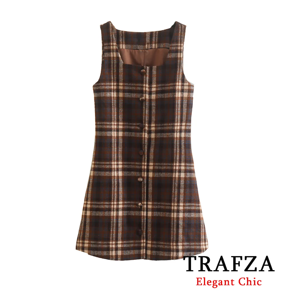 TRAFZA-Women Fashion Tweed Short Dress Vintage Plaid Square Neck Sleeveless Dress New 2024 Fall Autumn Picnic Style Dress