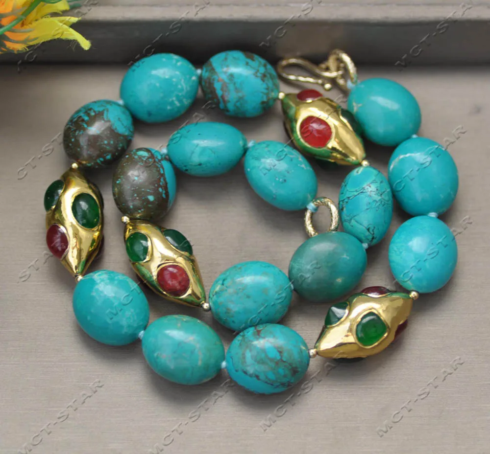 

Z13568 Big 21'' 23mm Ellipsoid Egg Green Turquoise Red Green Agate Shuttle Necklace