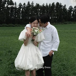 Fancy Square Neck Korea Garden White Puff Sleeves Wedding Dresses Taffeta 프롬드레스 Ruched Corset A-Line Bride Growns customized