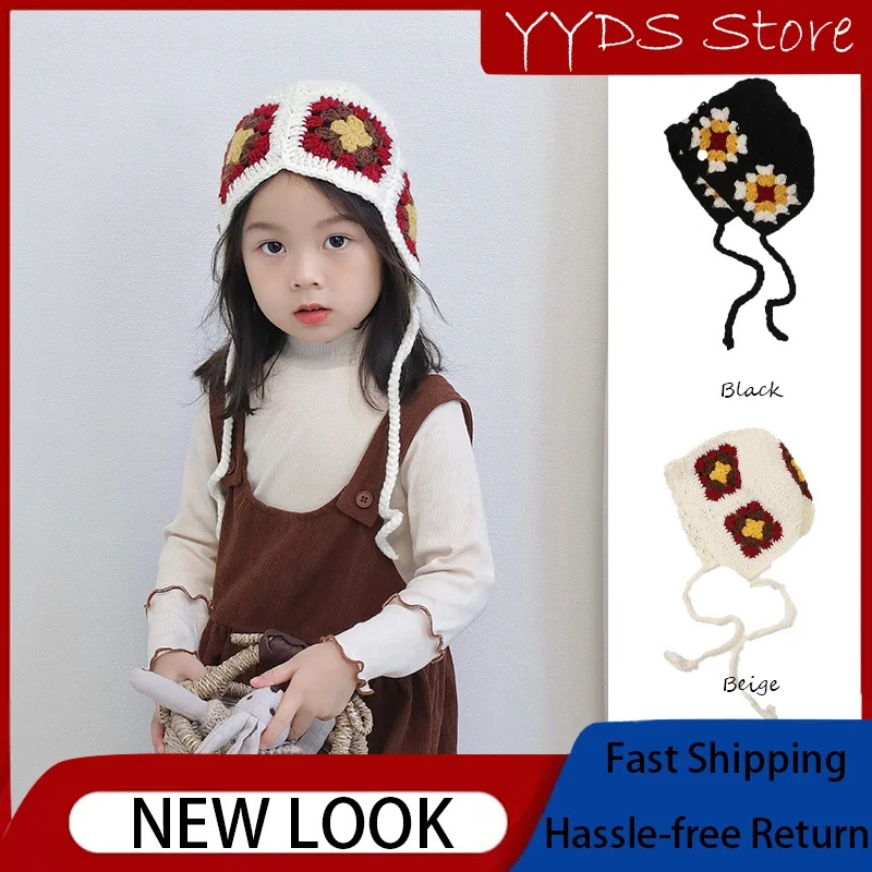 

Vintage Crochet Kids' Hat: Parent-Child Winter Knit, Ethnic Handmade, Earflap, Tie Strap, Small Batch