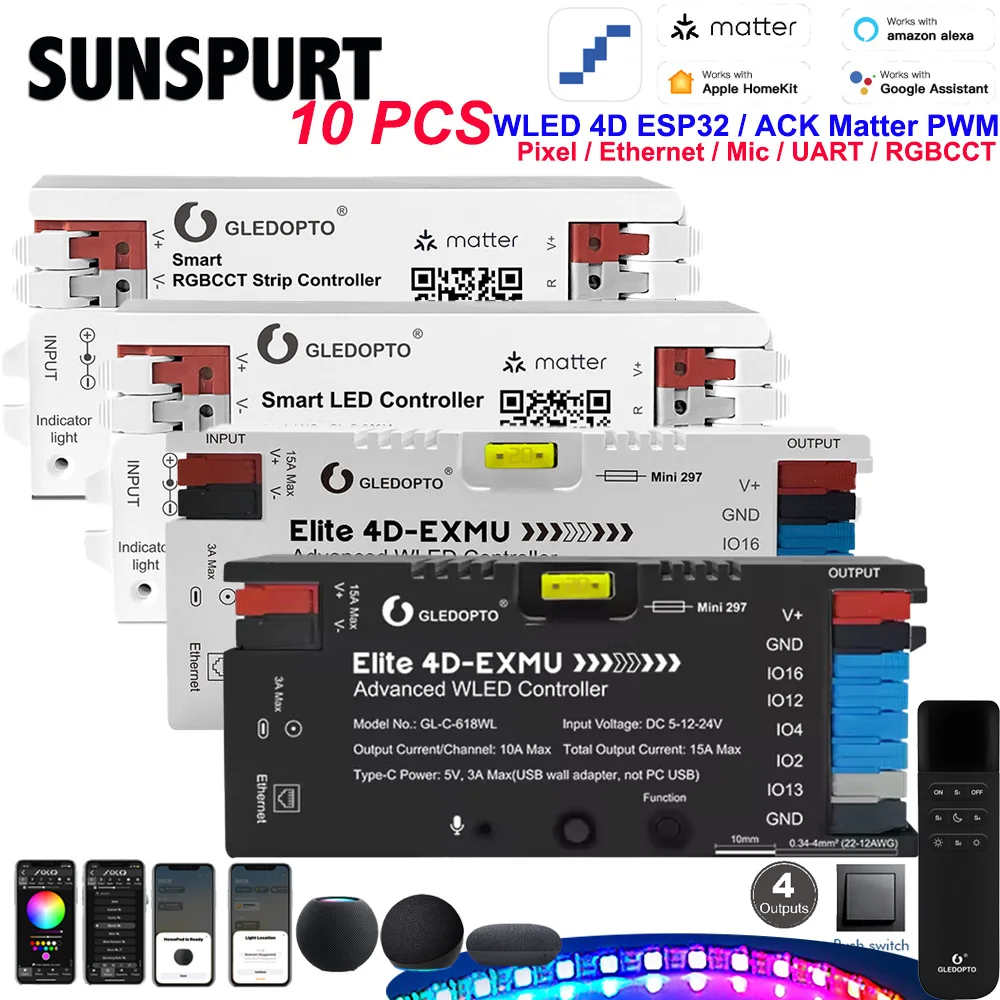 10ESP32 WLED LED Controller with 4 Outputs Ethernet Microphone UART Energy RGBIC ACK Matter PWM RGBCCT 5-24V Light Strip Control