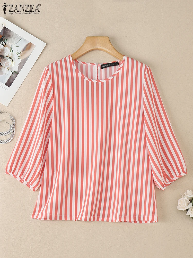 Stylowa bluzka damska ZANZEA 2026 wiosna-lato, koszula w paski, codzienna bluzka z okrągłym dekoltem, rękaw 3/4, bluzki damskie, luźna koszula do pracy w stylu OL.