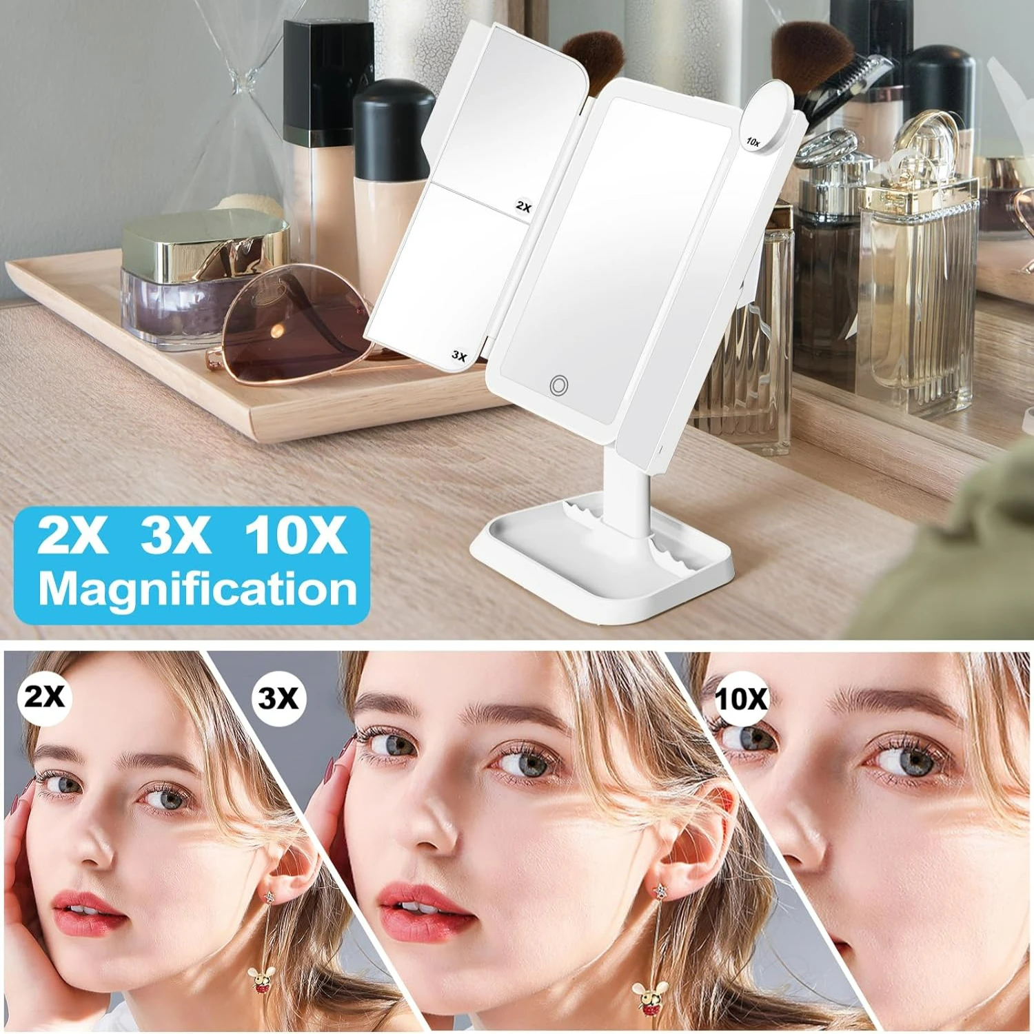 

Portable Tri-Fold Lighted Makeup Mirror with Adjustable Brightness and 3 Light Modes - Touch Control, Travel-Friendly Design - 1