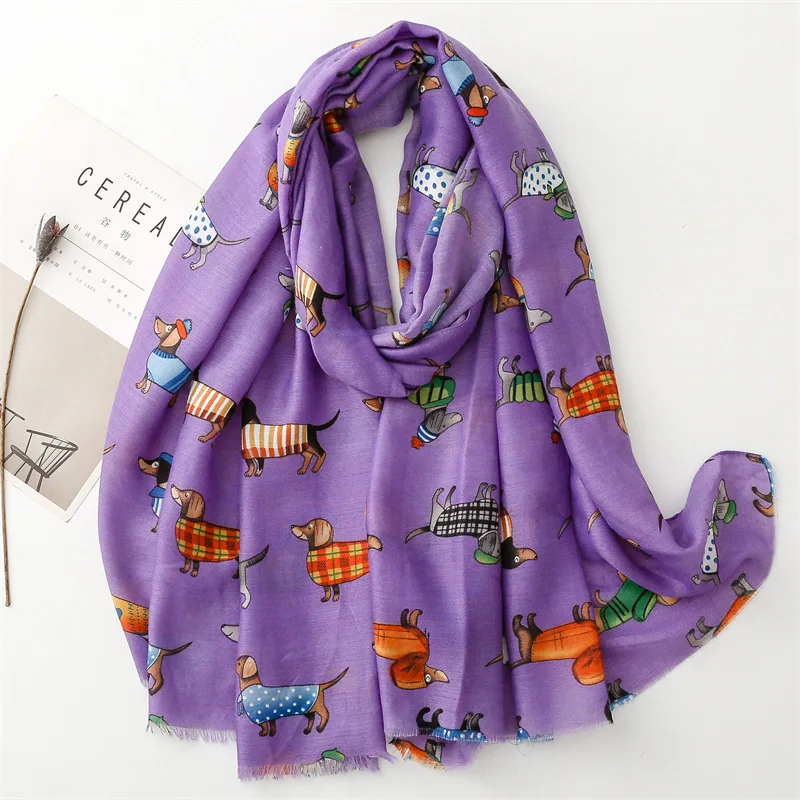 Lovely Animal Dachshund Pattern Viscose Scarf Cute Breathable Fringe Shawl Casual Travel Inelastic Outerwear Long Shawl 180*85Cm