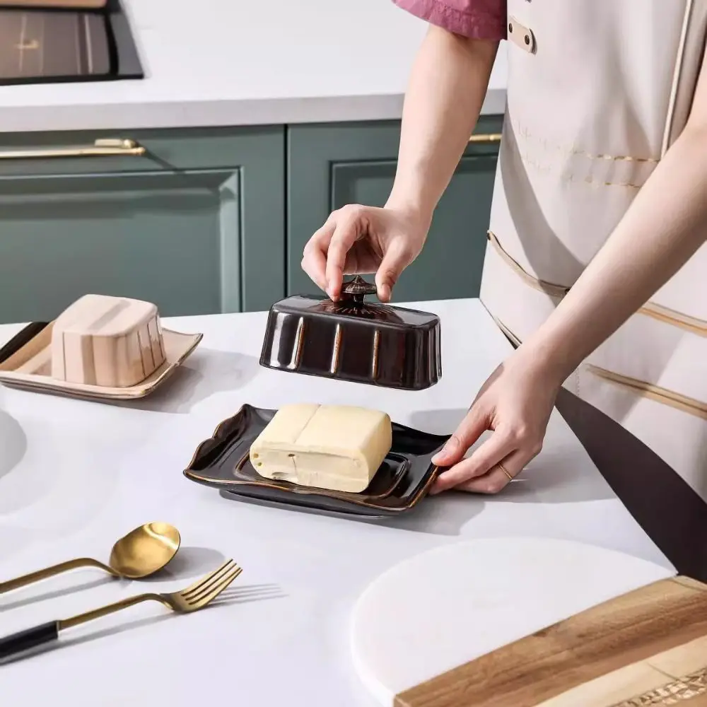 

Multi-Function Ceramic Butter Dish Rectangular Household Butter Tray with Cover Exquisite Dim Sum Dish Bar