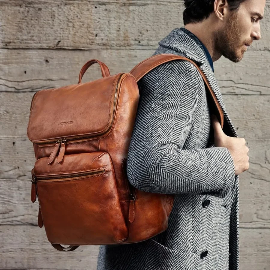 حقيبة ظهر جلدية من BOSTANTEN للرجال مقاس 15.6 بوصة حقيبة ظهر للكمبيوتر المحمول حقيبة مكتب للسفر ذات سعة كبيرة حقيبة كتف باللون الأحمر والبني #2