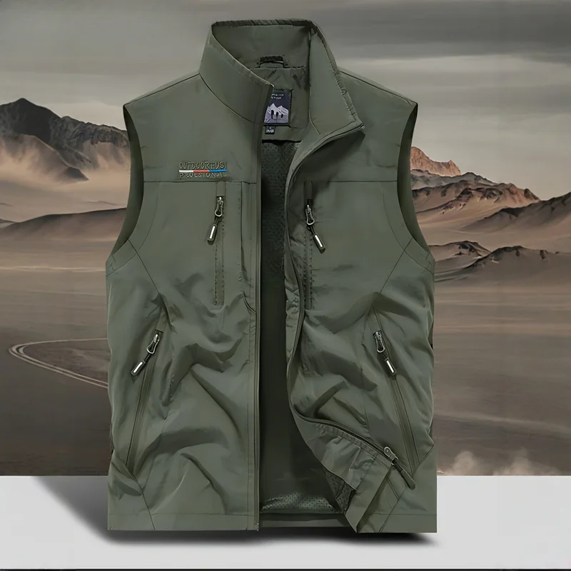 Windbreaker Clothes for Man Men's Stand Collar Multi-pocket Work Vest Outdoor Casual Vest Biker Patches Windbreak Tactical