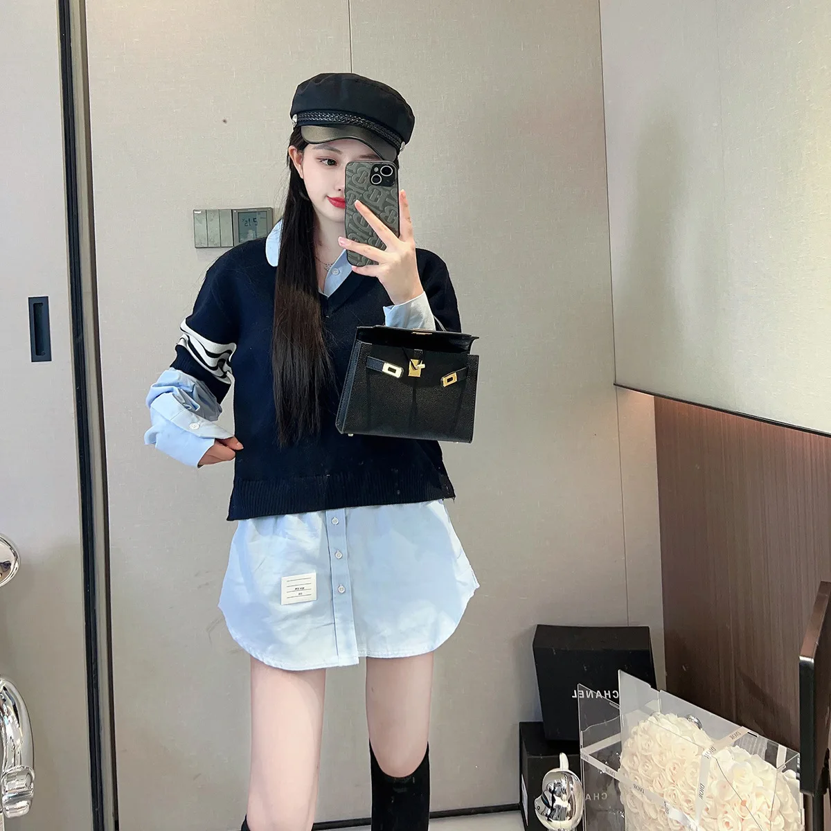 High-End Knitted irt Design Sense Splice Casual Long Sve Four Bar Top Women's Faion Premium Version Euro Sle Vest