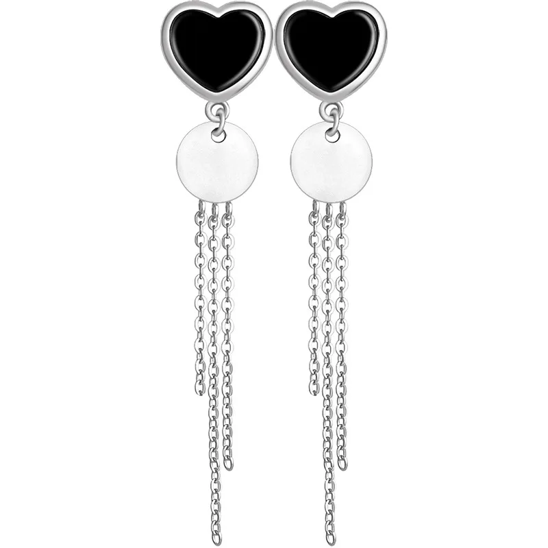 

Natural A-grade Ink Jade S925 Silver Inlaid Heart Tassel Earrings Translucent Fashionable Women's Gifts Jewelry Drop Shipping
