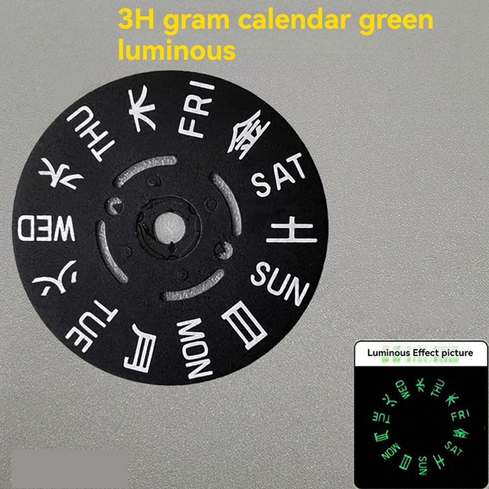 1 pz Blu/Verde Luminoso Settimana Giapponese Dail Sostituzione Nero Bianco Quadrante Orologio Calendario @3/3.8O'clock per Movimento NH36A/NH36