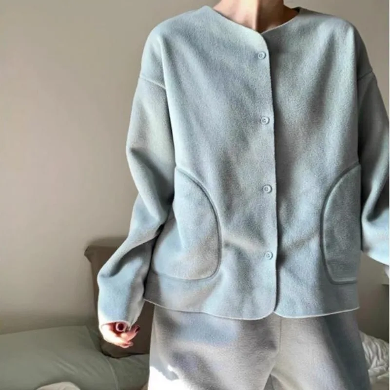 2023 New Fleece Long-sleeved Pajamas Women's Spring Winter Sleepwear Thin Pile Loungewear Set Round Collar Cardigan Homewear