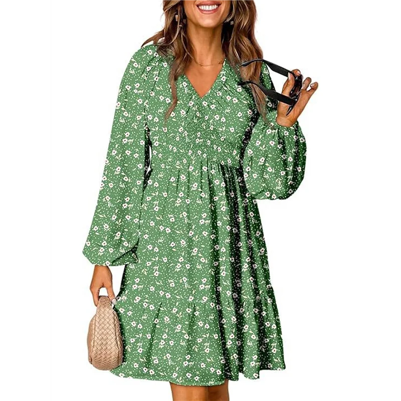 Asds-vestidos de outono para mulheres boho floral decote em v manga longa smocked cintura elástica casual linha a mini vestido de verão