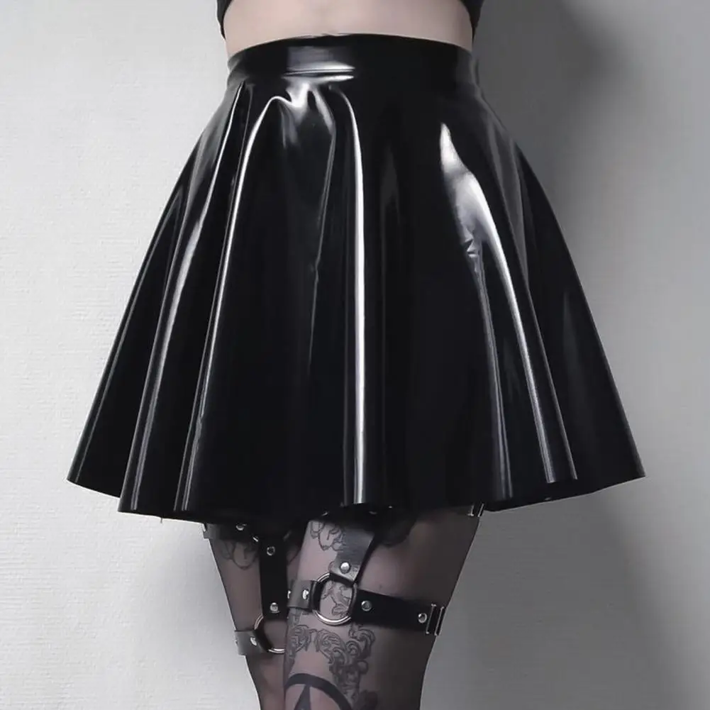 Short Skirt Women Mini Skirt Elegant High-waisted Women's Skater Skirt in Mirror Glossy Faux Leather for Work Leisure Solid