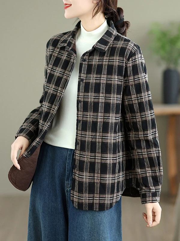 Retro Pure Cotton Plaid irt Women's Loose Fit Casual Long Sve Outerwear Autumn New Sle Slimming Versatile Coat