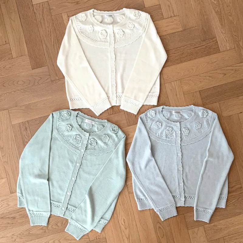 Cardigans de malha kawaii feminino outono manga longa bonito mão crochê flores decoração solta doce suéteres