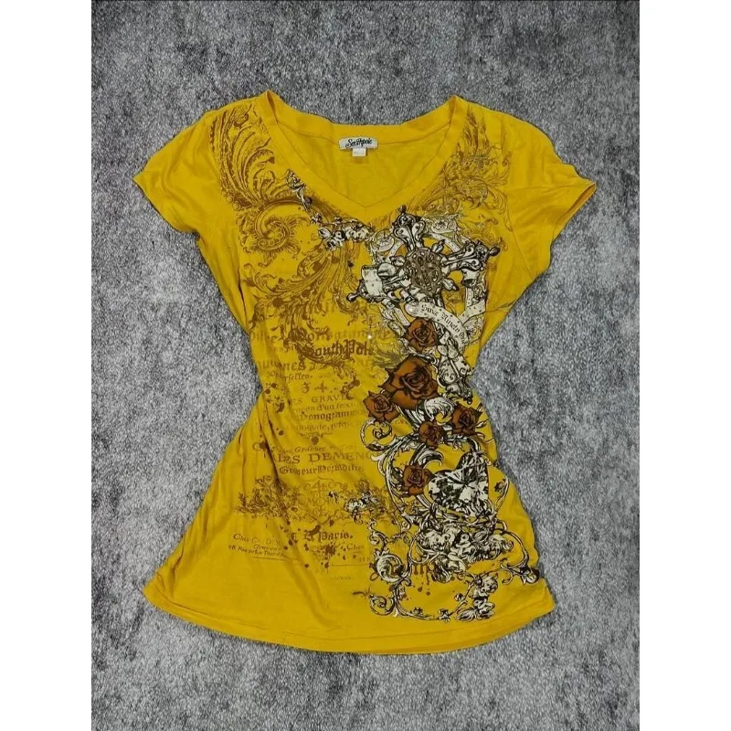 Women's Summer Top T-shirt Vintage Second-hand Yellow V-neck Short Sleeves Print Fitted Waist New Comfortable Casual Minimalist