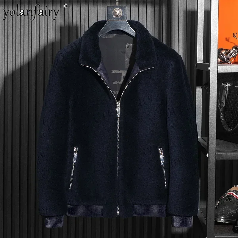 Abrigo de piel en relieve para Hombre, Chaqueta de piel de cordero de grano, cuello de pie, abrigos de lana pura cálidos, Chaqueta de invierno para Hombre, FCY