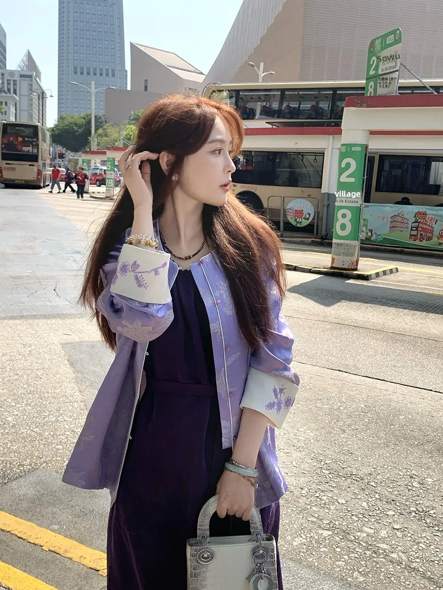 

New Chinese Sle Silk Jaet with Bead Embroidery 20 Momme Silk Outerwear round Ne Button Closure Long Sve