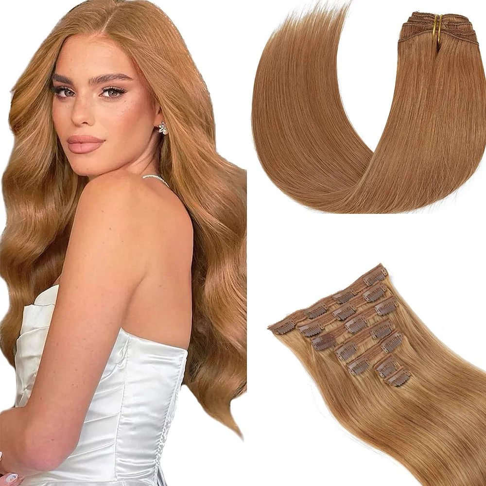 Extensiones de cabello humano con Clip, pelo brasileño liso, Color rubio caramelo, trama de piel sin costuras, Invisible, 100% Remy, 27 #