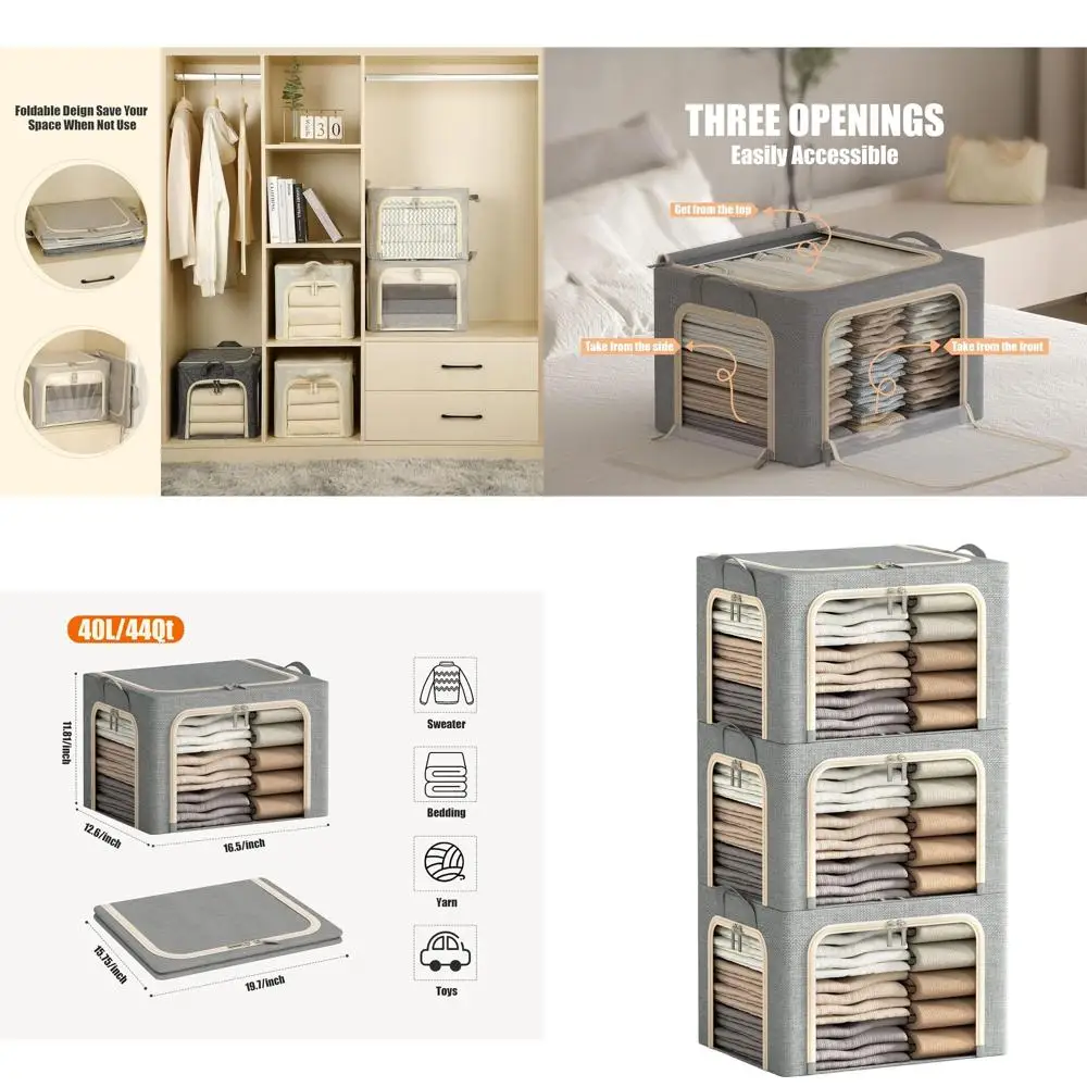 

Складные контейнеры для хранения одежды из 3 складных металлических каркасов с крышками, четким обзором и застежками на молнии, светло-серые, вместимость 40 л