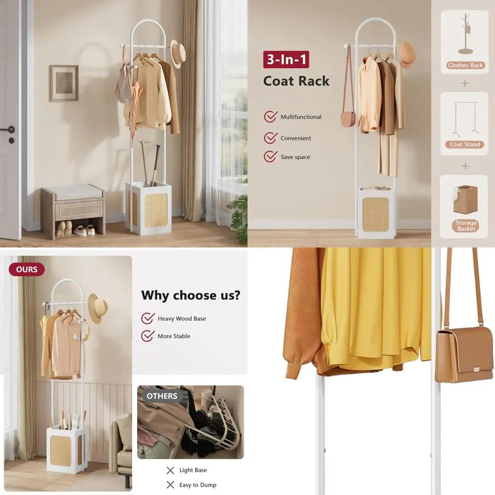 

Отдельно стоящая деревянная вешалка с 6 крючками и корзиной для хранения, вешалка из ротанга для дома и офиса, белая