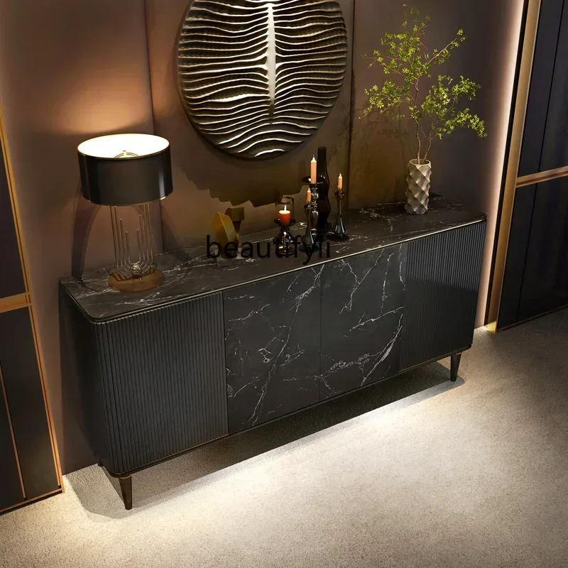 TTT New arrive Light luxury retro dining side cabinet, living room black locker, facing the door, rock slab mystery cabinet