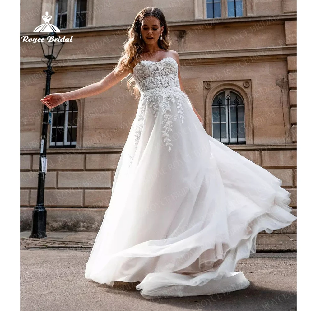 Roycebridal trouwjurk恋人aラインブラッシュピンクのウェディングドレスレースアップリケ掃引列車のウェディングドレスローブデのみ |