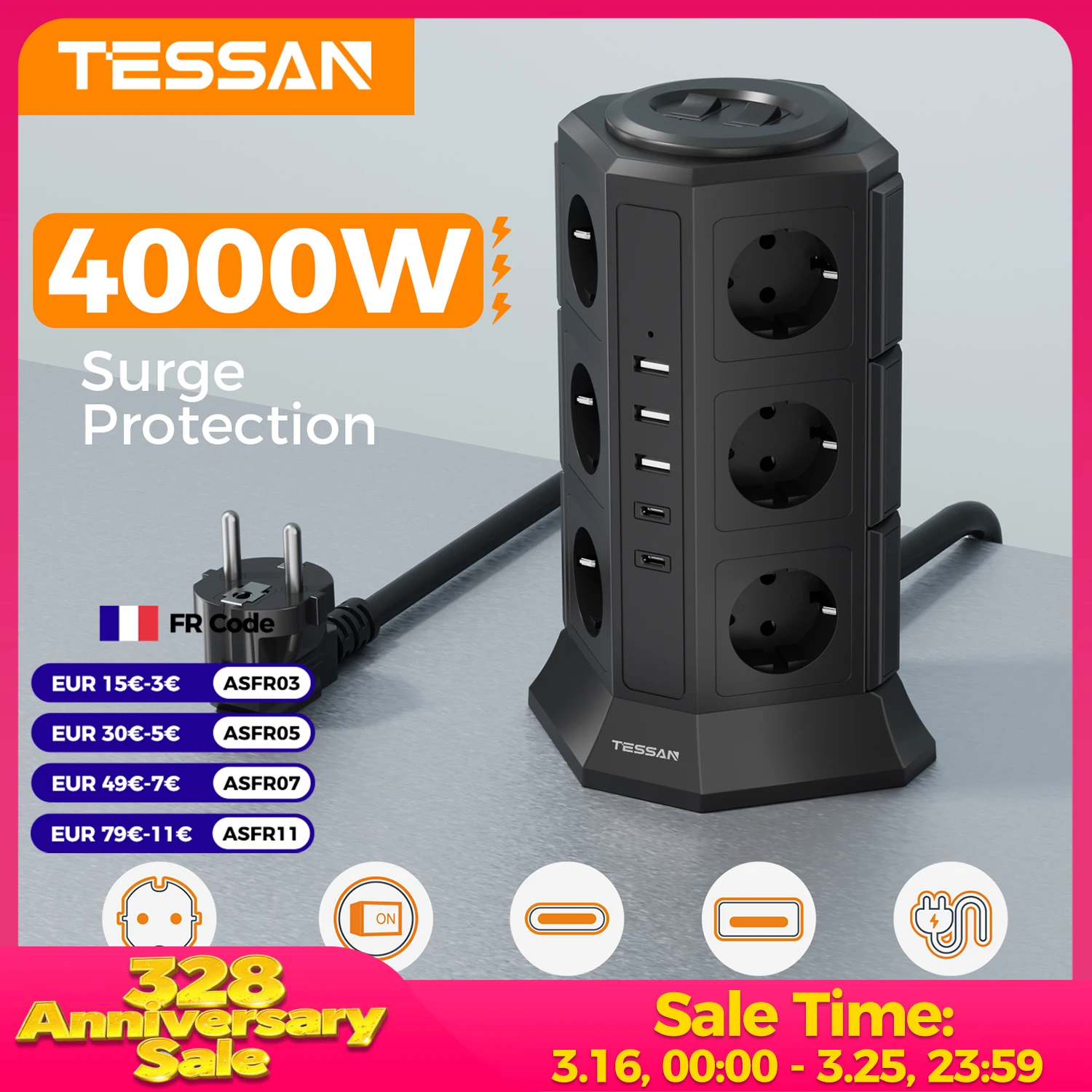 Multiprise TESSAN avec 3 ports USB et 2 ports Type C, câble d'extension de 2 m, prise EU, protection contre les surtensions
