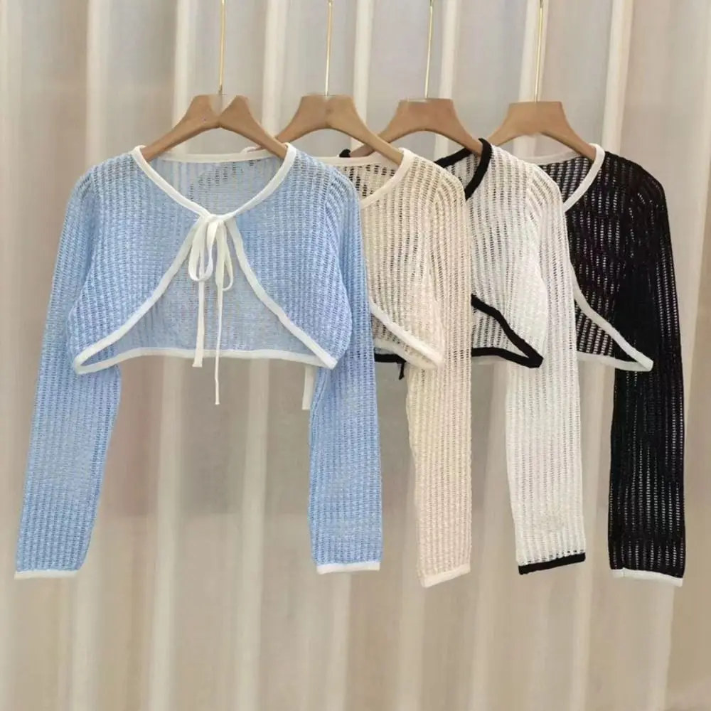 Sunscreen Crop Knit Cardigan Women Solid Color Thin Cardigan Coat Woman Simple Long Sleeve Smock Top Air-Conditioning Shirt