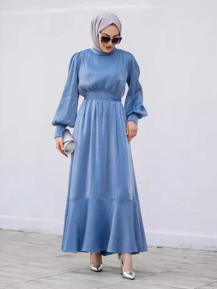 Eid Muslim Party Dress for Women Ramadan Lantern Sleeve Long Dress Belt Morocco Kaftan Vestidos Largos Dubai Robe Jalabiya 2024