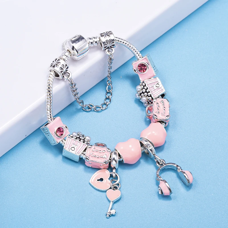 High-Quality Charm Bracelet For Women With Headset DIY Love Key Snake Chain Charms Beads Pendants Jewelry Dropshipping