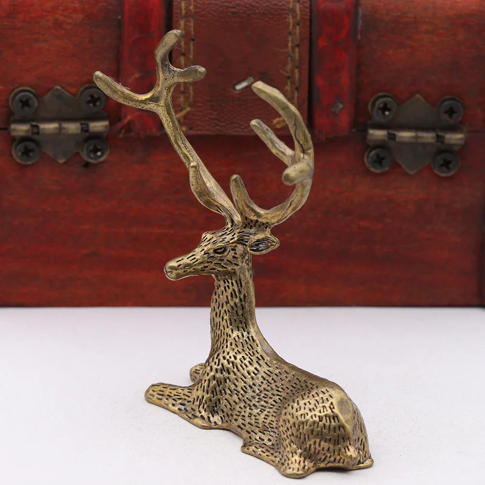 Solid Brass Long Horn Elk Small Statue Desktop Ornaments Vintage Animal Figurines Model Lucky Home Decoration Crafts Accessories