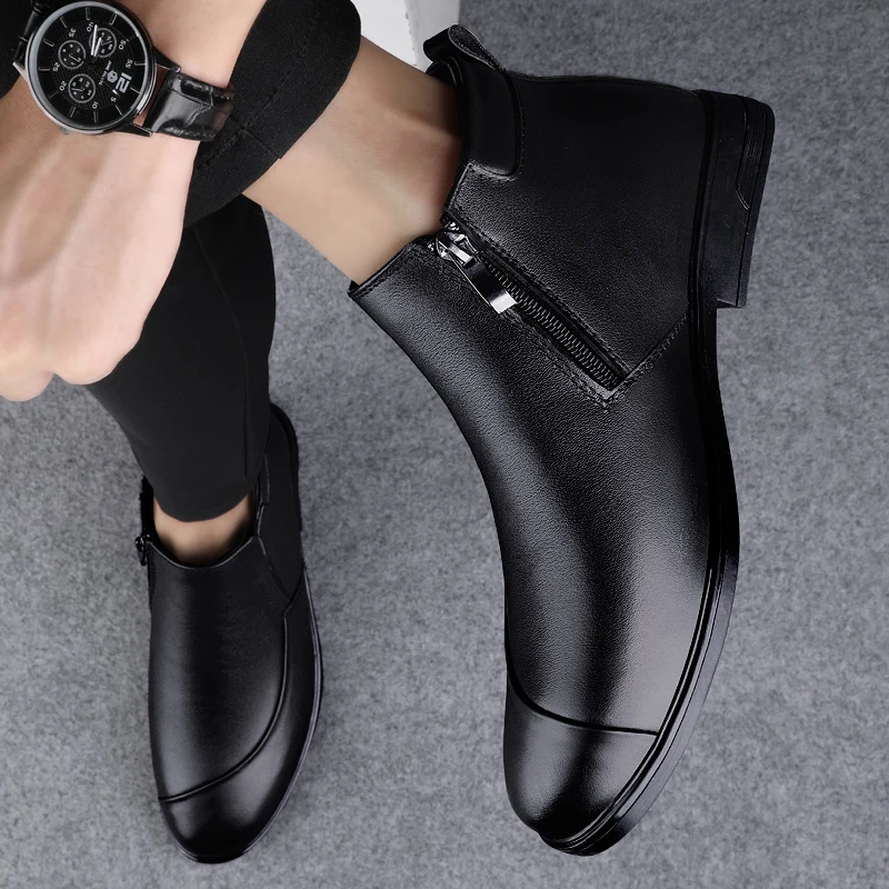 Business Chelsea Boots Mens Winter Ankle Boots Men Genuine Leather Men Boots Fur Snow Boots Men Winter Dress Shoes 2022 New