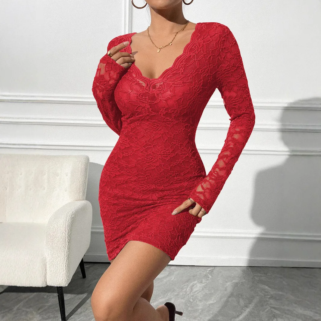 2026 Women Dress Elegant Fashion Beautiful Women's Dresses Party Night Dresses V-neck Sexy Lace Slim Fit Long Sleeve Dress