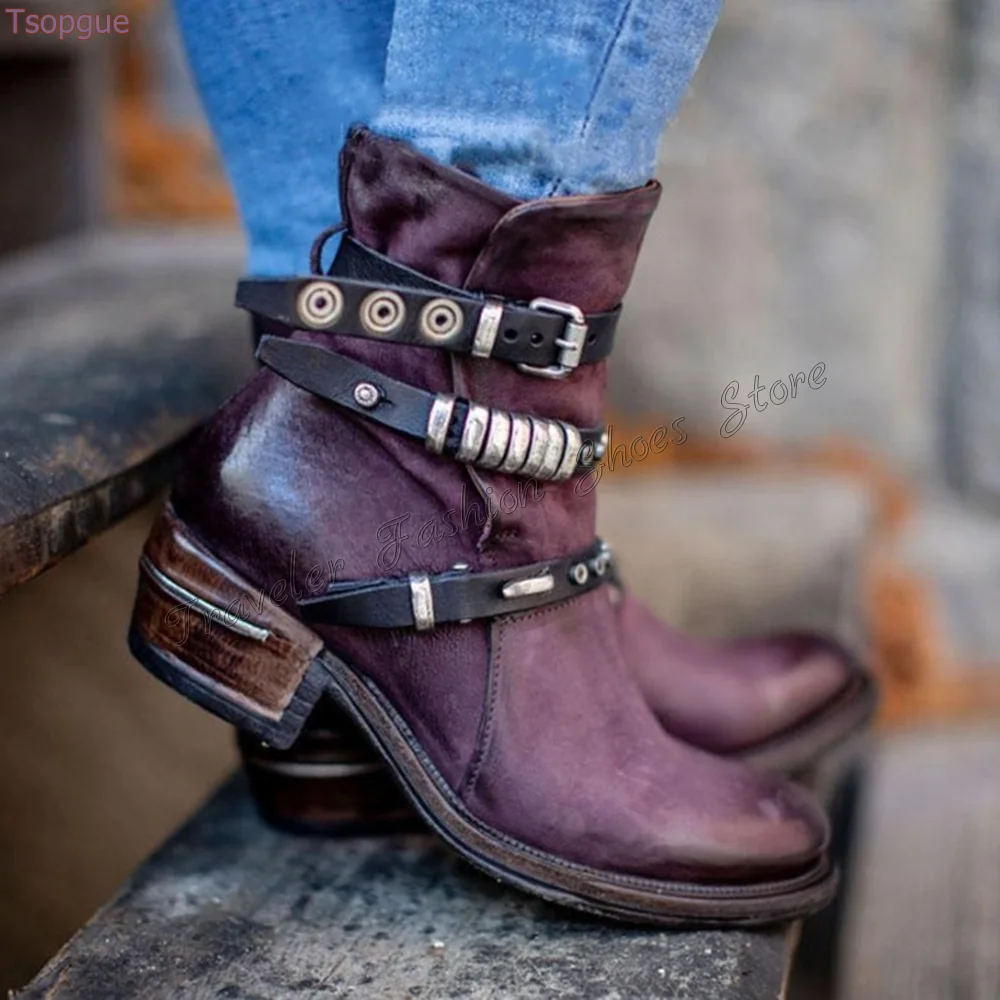

Purple Buckle Decor Ankle Retro Boots Round Toe Chunky High Heels High Heel Shoes for Women Heels 2024 New Zapatos Para Mujere