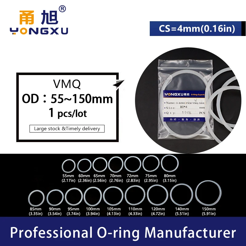 White Silicon O-ring Silicone/VMQ CS4mm OD55/60/65/70/72/75/80/85/90/95/100/105/150*4mm O ring Seal Rubber Ring Gasket Washer