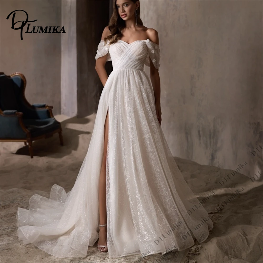 

DTLumika Customized Women's Off Shoulder Wedding Dress with Flowers A Line Long Bride Dresses Pleat Bride Dresses Bridal Gown