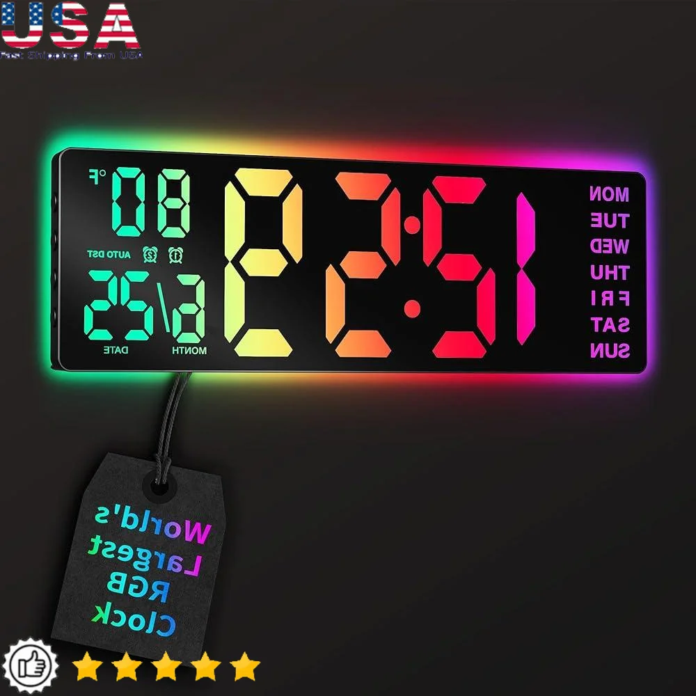 

Большие цифровые настенные часы с дистанционным управлением, RGB окружающее освещение, двойной будильник, 11 режимов сцены, большой светодиодный дисплей, автоматическая регулировка DST