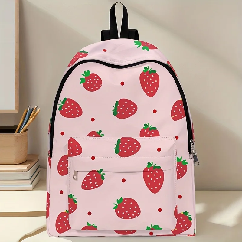 Large Capacity Strawberry Leaf Print Backpack with Fruit Pattern Adjustable Straps Unisex Bookbag Suitable for Travel Work Daily