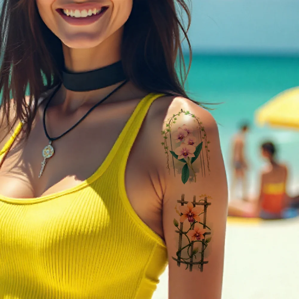 9pcs Temporary Tattoo Vine Patterns Watercolor Archway Art Flower Designs Waterproof Long-lasting Body Stickers For Cheeks